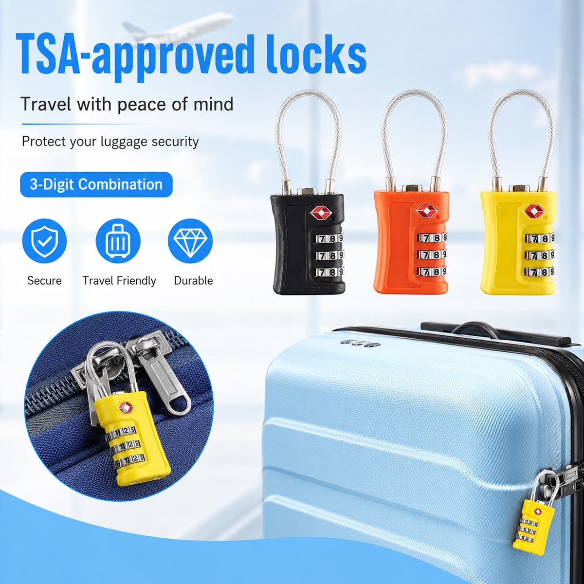 Cable Lock Combination - Замок для багажа, одобренный TSA, 3-значный